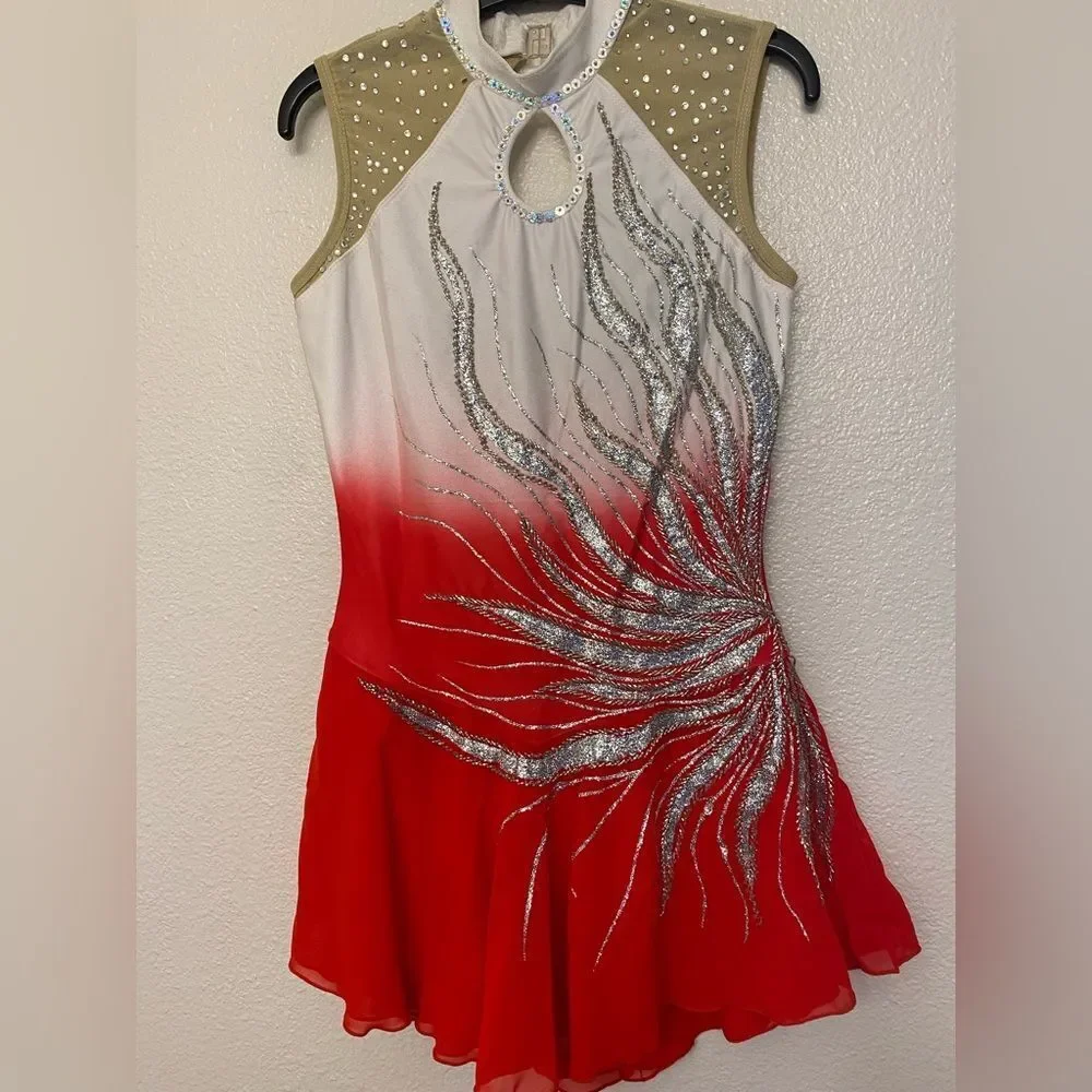 Custom solo dance ice skating ballet costume red ombre embellished dress MA